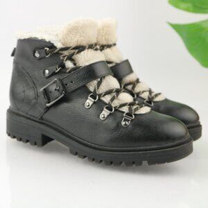 Nine West Womens Wade Boot Size 7.5 Black Leather Shearling Lace Up Hiking Moto